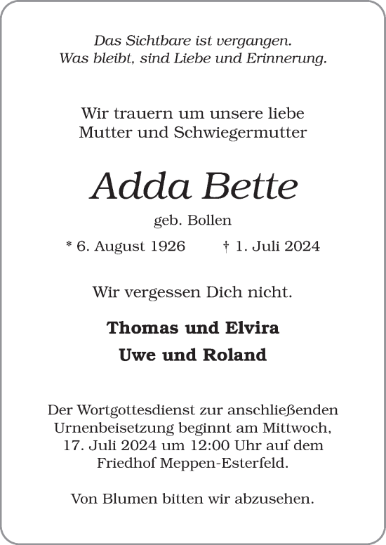 Traueranzeige von Adda Bette von Neue Osnabrücker Zeitung GmbH & Co. KG