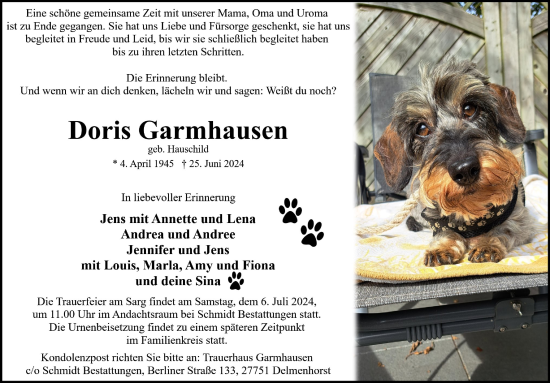 Traueranzeige von Doris Garmhausen von DK Medien GmbH & Co. KG