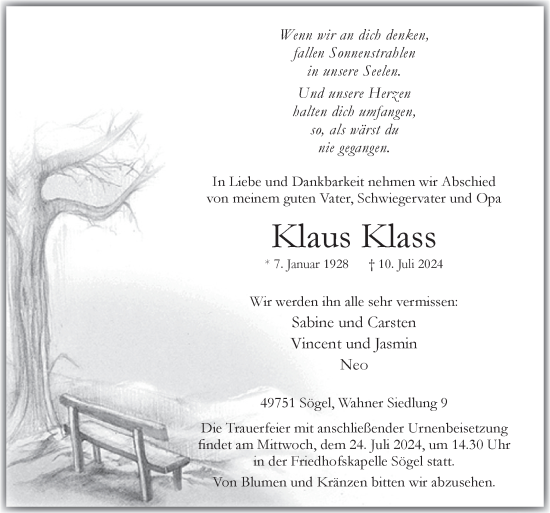 Traueranzeige von Klaus Klass von Neue Osnabrücker Zeitung GmbH & Co. KG