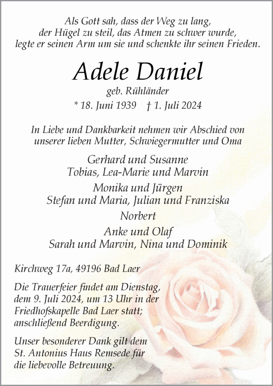 Traueranzeige von Adele Daniel von Neue Osnabrücker Zeitung GmbH & Co. KG