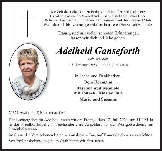 Traueranzeige von Adelheid Ganseforth von Neue Osnabrücker Zeitung GmbH & Co. KG