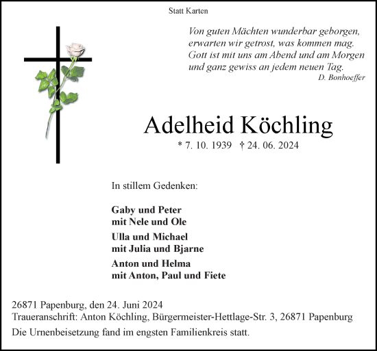 Traueranzeige von Adelheid Köchling von Neue Osnabrücker Zeitung GmbH & Co. KG