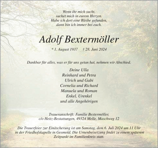 Traueranzeige von Adolf Bextermöller von Neue Osnabrücker Zeitung GmbH & Co. KG