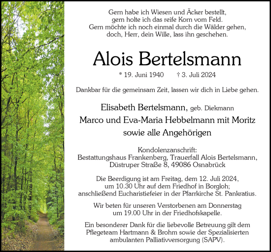 Traueranzeige von Alois Bertelsmann von Neue Osnabrücker Zeitung GmbH & Co. KG