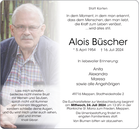 Traueranzeige von Alois Büscher von Neue Osnabrücker Zeitung GmbH & Co. KG