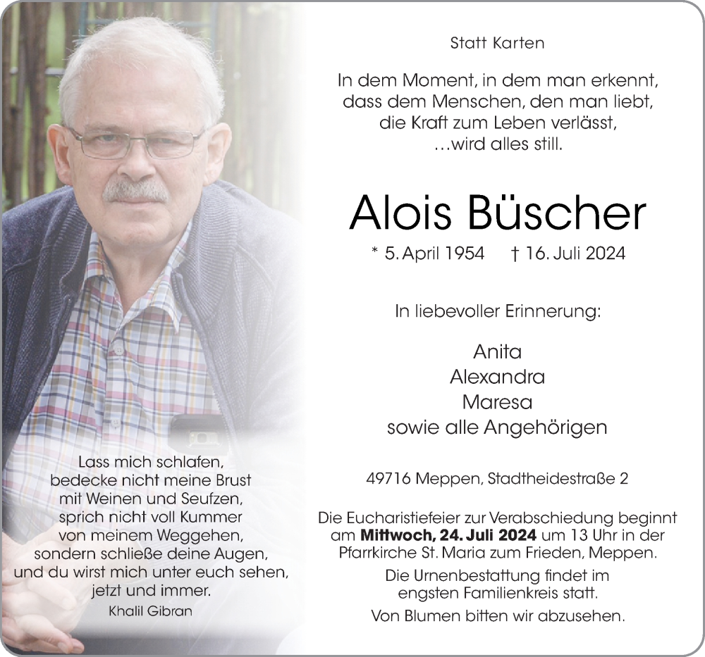  Traueranzeige für Alois Büscher vom 22.07.2024 aus Neue Osnabrücker Zeitung GmbH & Co. KG