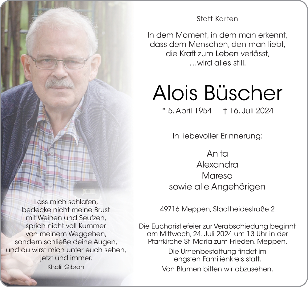  Traueranzeige für Alois Büscher vom 20.07.2024 aus Neue Osnabrücker Zeitung GmbH & Co. KG