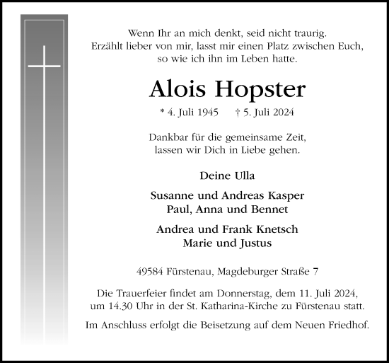 Traueranzeige von Alois Hopster von Neue Osnabrücker Zeitung GmbH & Co. KG