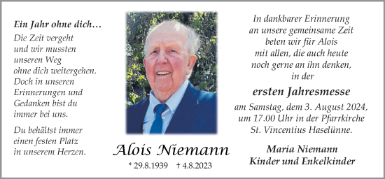 Traueranzeige von Alois Niemann von Neue Osnabrücker Zeitung GmbH & Co. KG