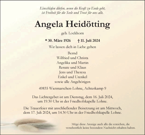 Traueranzeige von Angela Heidötting von Neue Osnabrücker Zeitung GmbH & Co. KG