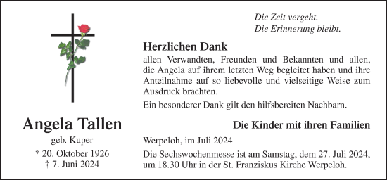 Traueranzeige von Angela Tallen von Neue Osnabrücker Zeitung GmbH & Co. KG