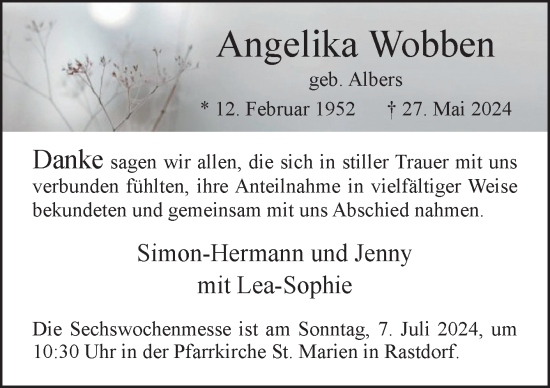 Traueranzeige von Angelika Wobben von Neue Osnabrücker Zeitung GmbH & Co. KG