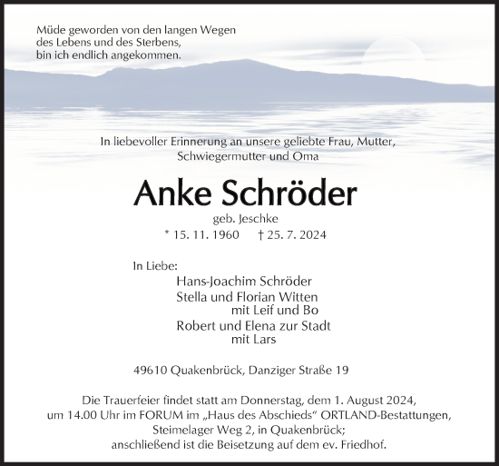 Traueranzeige von Anke Schröder von Neue Osnabrücker Zeitung GmbH & Co. KG