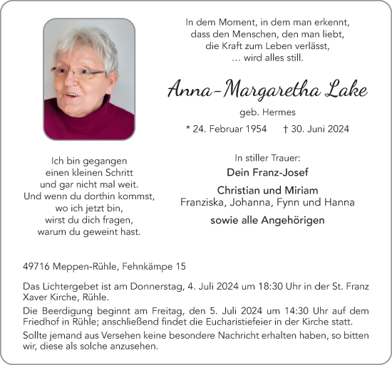 Traueranzeige von Anna-Margaretha Lake von Neue Osnabrücker Zeitung GmbH & Co. KG