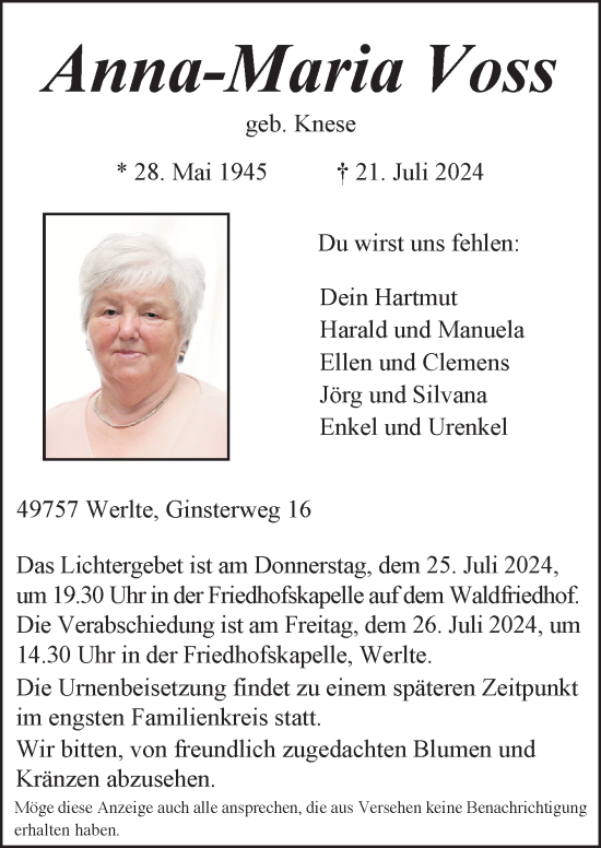 Traueranzeige von Anna-Maria Voss von Neue Osnabrücker Zeitung GmbH & Co. KG