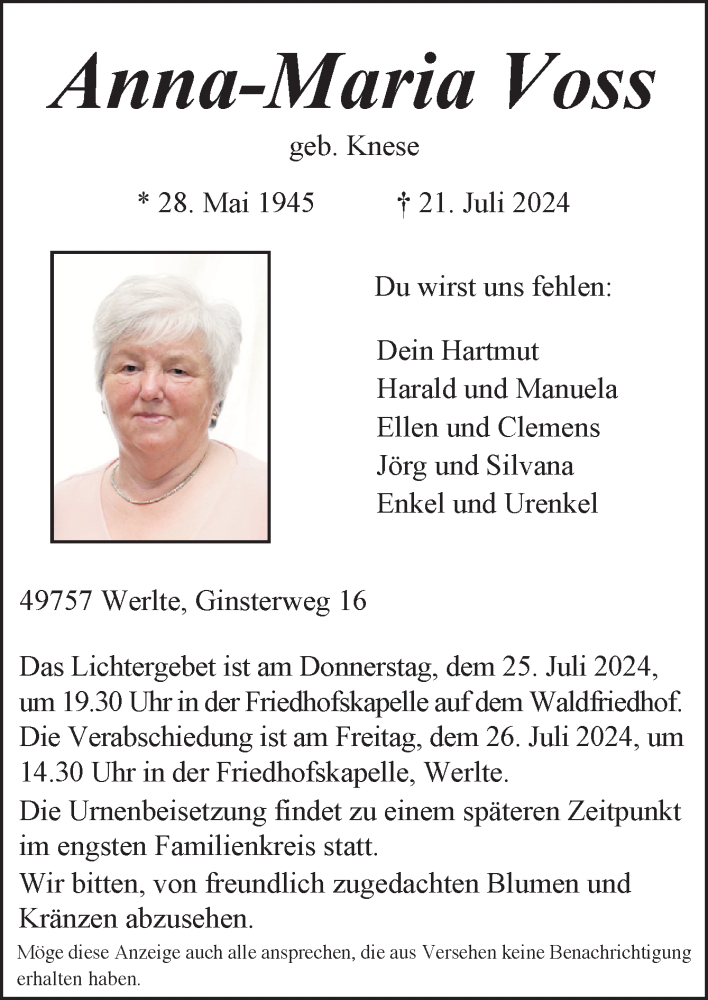  Traueranzeige für Anna-Maria Voss vom 24.07.2024 aus Neue Osnabrücker Zeitung GmbH & Co. KG