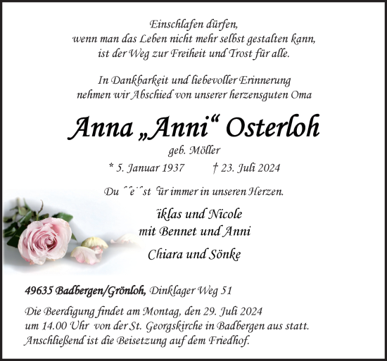 Traueranzeige von Anna Osterloh von Neue Osnabrücker Zeitung GmbH & Co. KG