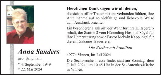 Traueranzeige von Anna Sanders von Neue Osnabrücker Zeitung GmbH & Co. KG