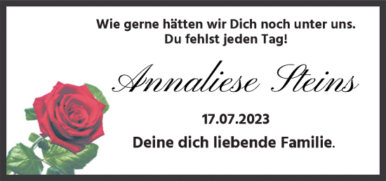 Traueranzeige von Annaliese Steins von Neue Osnabrücker Zeitung GmbH & Co. KG