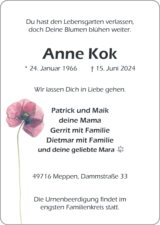 Traueranzeige von Anne Kok von Neue Osnabrücker Zeitung GmbH & Co. KG