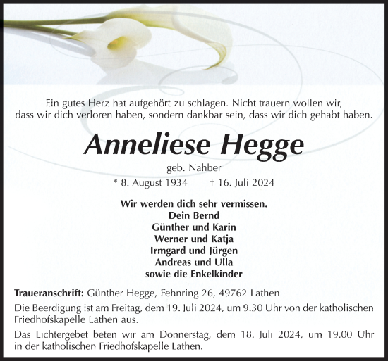 Traueranzeige von Anneliese Hegge von Neue Osnabrücker Zeitung GmbH & Co. KG