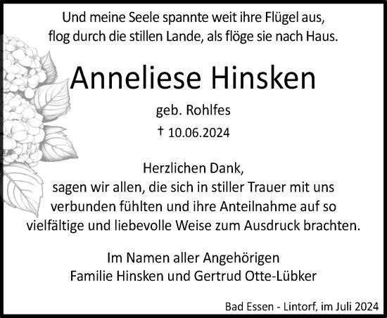 Traueranzeige von Anneliese Hinsken von Neue Osnabrücker Zeitung GmbH & Co. KG