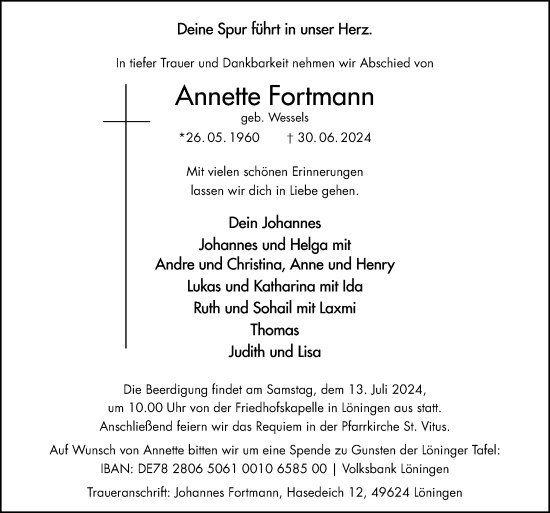 Traueranzeige von Annette Fortmann von Neue Osnabrücker Zeitung GmbH & Co. KG