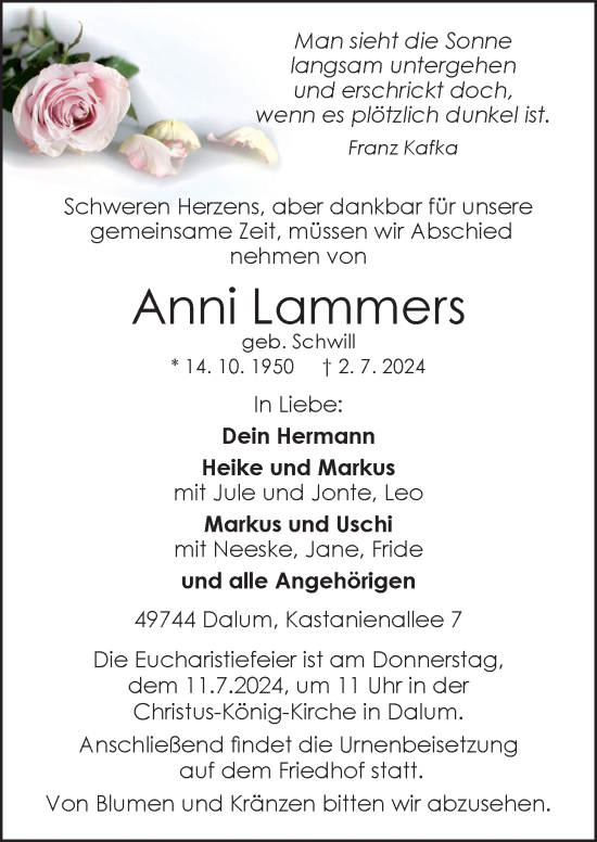 Traueranzeige von Anni Lammers von Neue Osnabrücker Zeitung GmbH & Co. KG