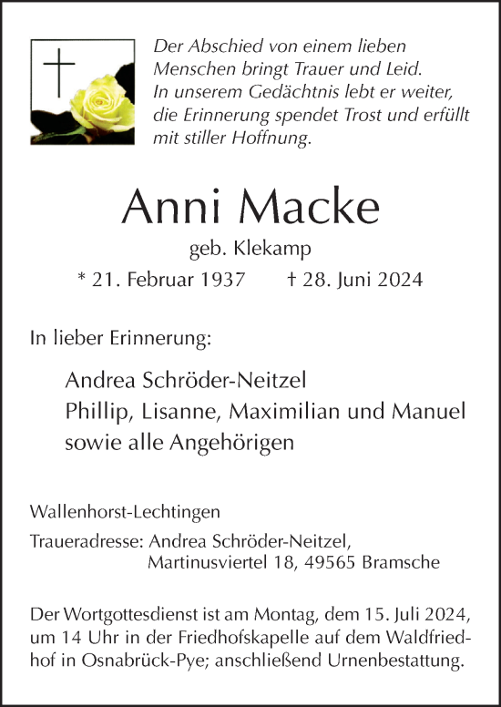 Traueranzeige von Anni Macke von Neue Osnabrücker Zeitung GmbH & Co. KG
