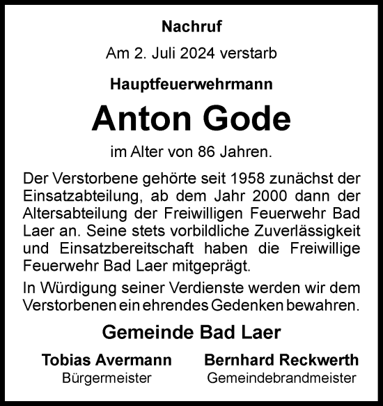 Traueranzeige von Anton Gode von Neue Osnabrücker Zeitung GmbH & Co. KG