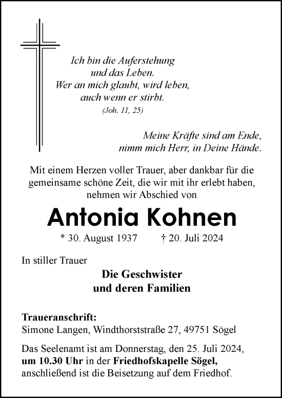 Traueranzeige von Antonia Kohnen von Neue Osnabrücker Zeitung GmbH & Co. KG