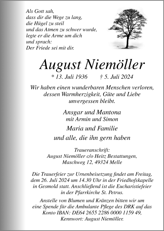 Traueranzeige von August Niemöller von Neue Osnabrücker Zeitung GmbH & Co. KG