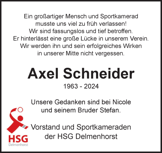 Traueranzeige von Axel Schneider von DK Medien GmbH & Co. KG