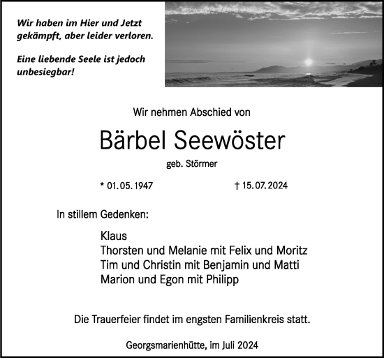 Traueranzeige von Bärbel Seewöster von Neue Osnabrücker Zeitung GmbH & Co. KG