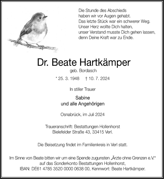 Traueranzeige von Beate Hartkämper von Neue Osnabrücker Zeitung GmbH & Co. KG