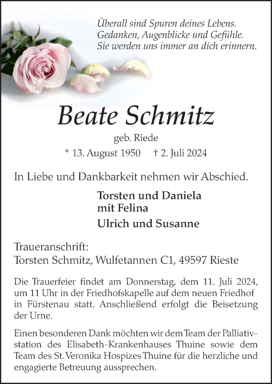 Traueranzeige von Beate Schmitz von Neue Osnabrücker Zeitung GmbH & Co. KG