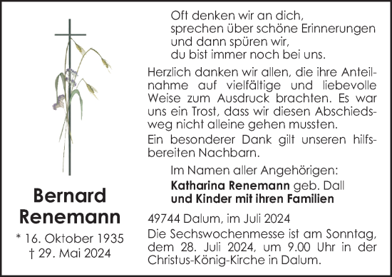 Traueranzeige von Bernard Renemann von Neue Osnabrücker Zeitung GmbH & Co. KG
