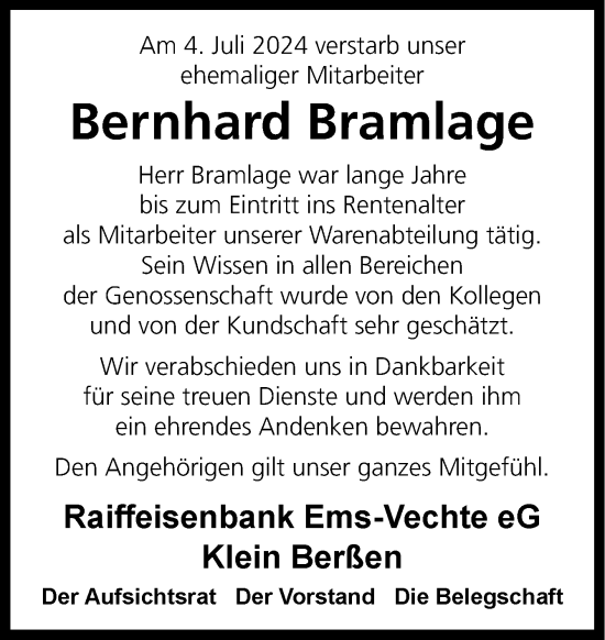 Traueranzeige von Bernhard Bramlage von Neue Osnabrücker Zeitung GmbH & Co. KG
