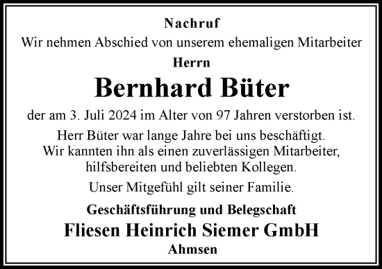 Traueranzeige von Bernhard Büter von Neue Osnabrücker Zeitung GmbH & Co. KG
