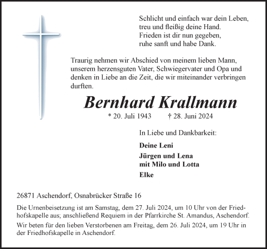 Traueranzeige von Bernhard Krallmann von Neue Osnabrücker Zeitung GmbH & Co. KG