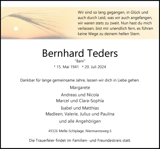 Traueranzeige von Bernhard Teders von Neue Osnabrücker Zeitung GmbH & Co. KG