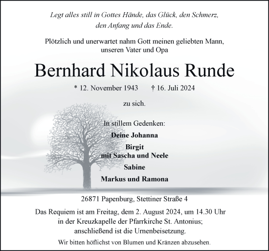 Traueranzeige von Bernhard Nikolaus Runde von Neue Osnabrücker Zeitung GmbH & Co. KG