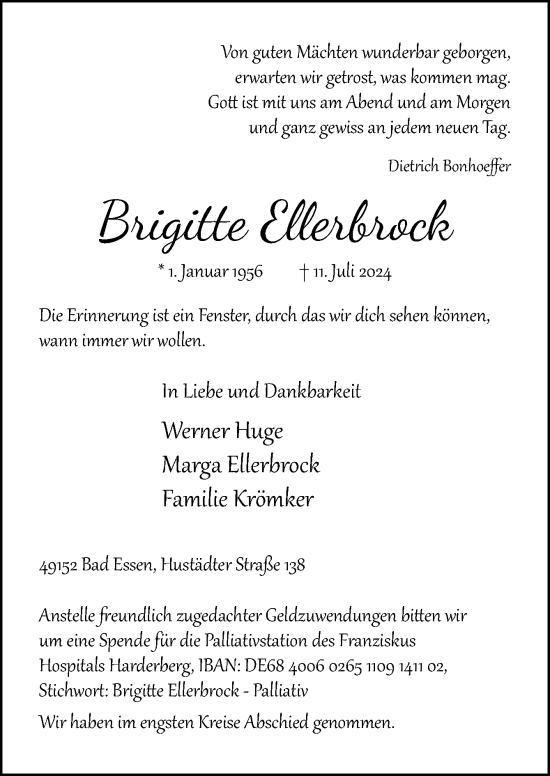 Traueranzeige von Brigitte Ellerbrock von Neue Osnabrücker Zeitung GmbH & Co. KG