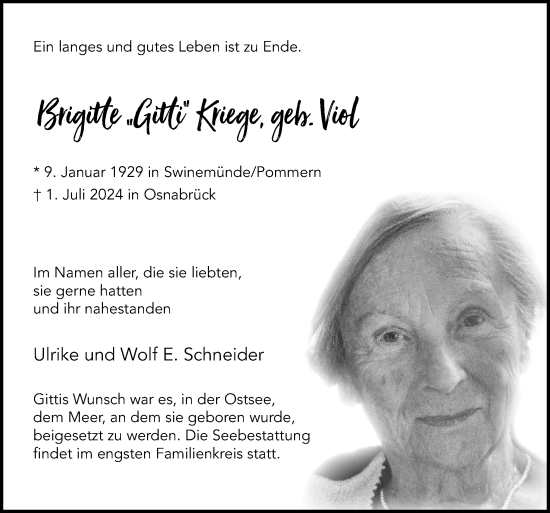 Traueranzeige von Brigitte Kriege von Neue Osnabrücker Zeitung GmbH & Co. KG