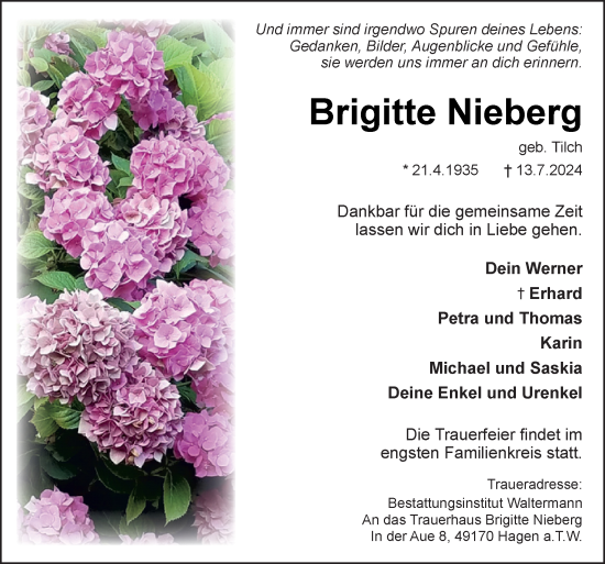 Traueranzeige von Brigitte Nieberg von Neue Osnabrücker Zeitung GmbH & Co. KG