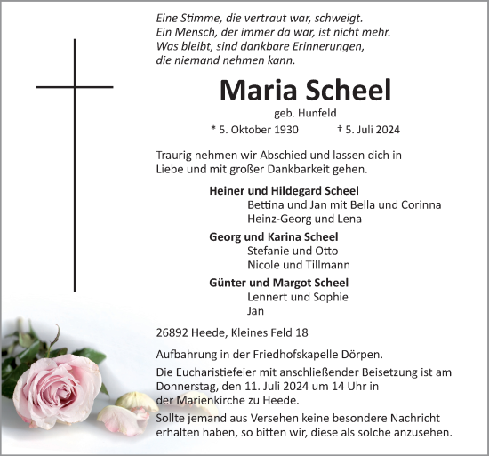 Traueranzeige von Maria Scheel von Neue Osnabrücker Zeitung GmbH & Co. KG