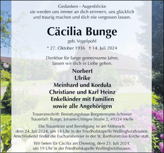 Traueranzeige von Cäcilia Bunge von Neue Osnabrücker Zeitung GmbH & Co. KG