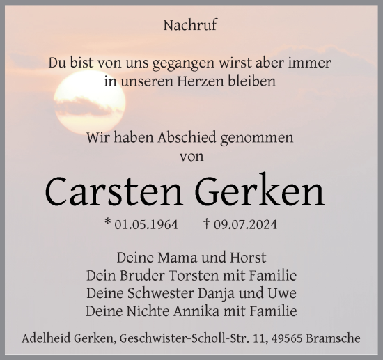 Traueranzeige von Carsten Gerken von Neue Osnabrücker Zeitung GmbH & Co. KG