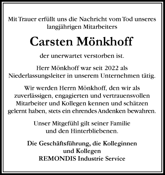 Traueranzeige von Carsten Mönkhoff von Neue Osnabrücker Zeitung GmbH & Co. KG