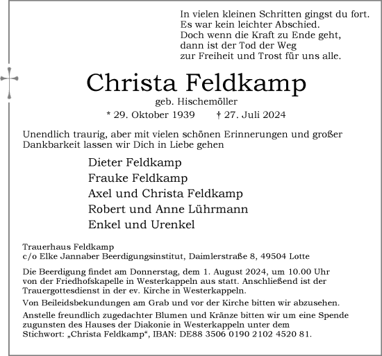 Traueranzeige von Christa Feldkamp von Neue Osnabrücker Zeitung GmbH & Co. KG